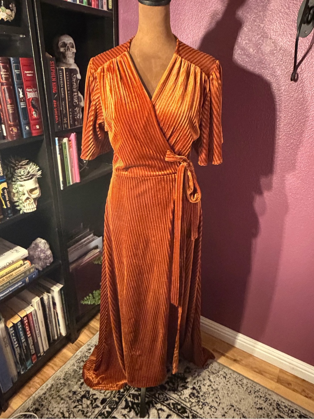 Women's rust soft stretchy velvet Ribbed True Wrap Dress with Tie Waist